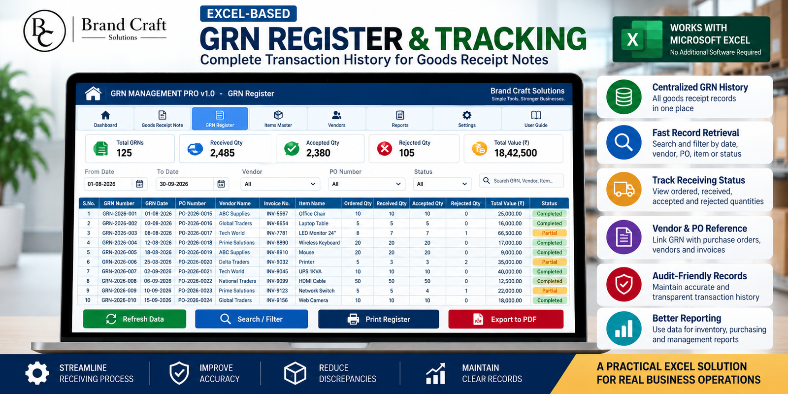GRN Management PRO transaction log with sample receiving records